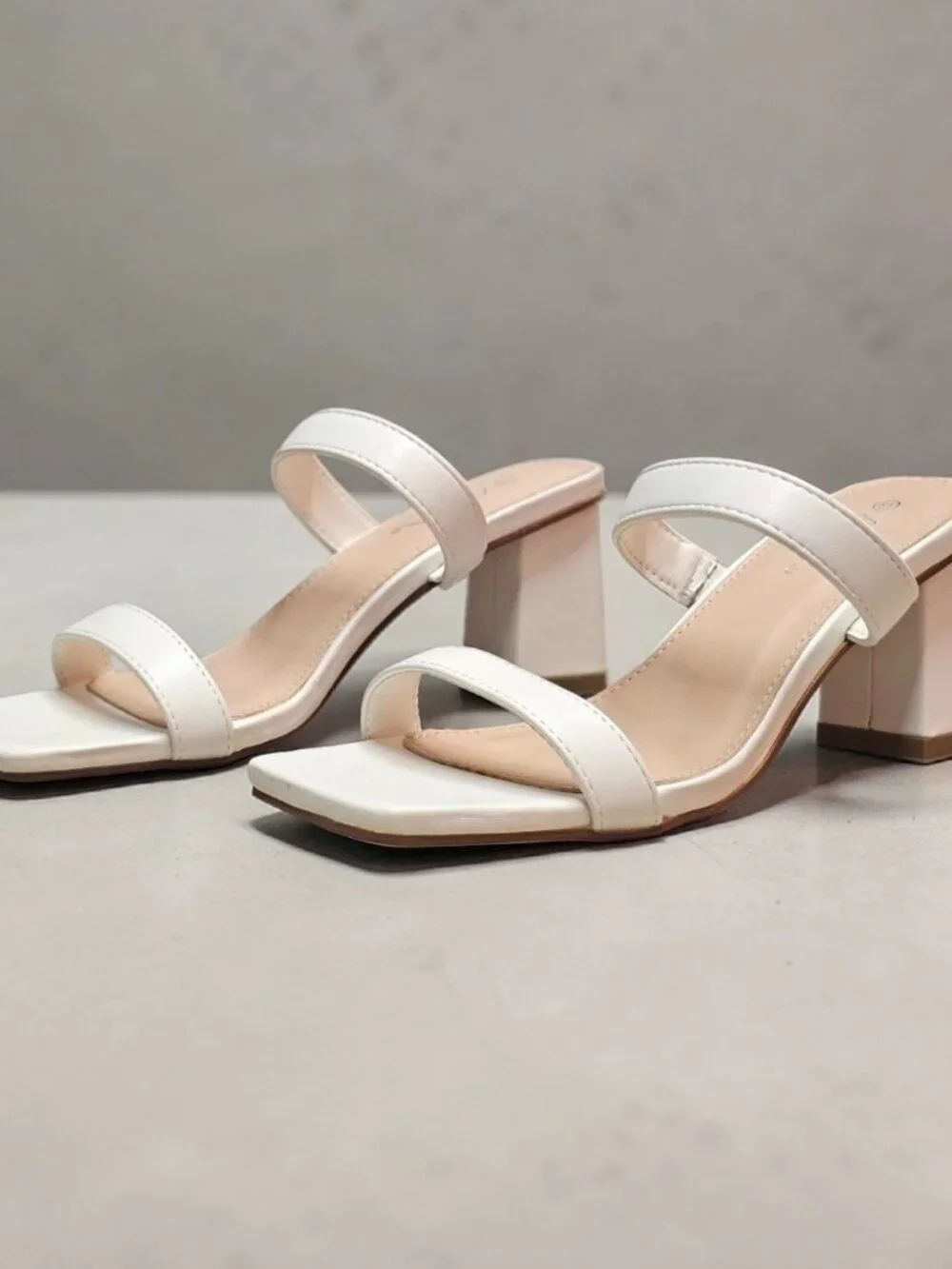 White Faux Leather Block Heel Sandals With Double Straps & Square Toe For Women